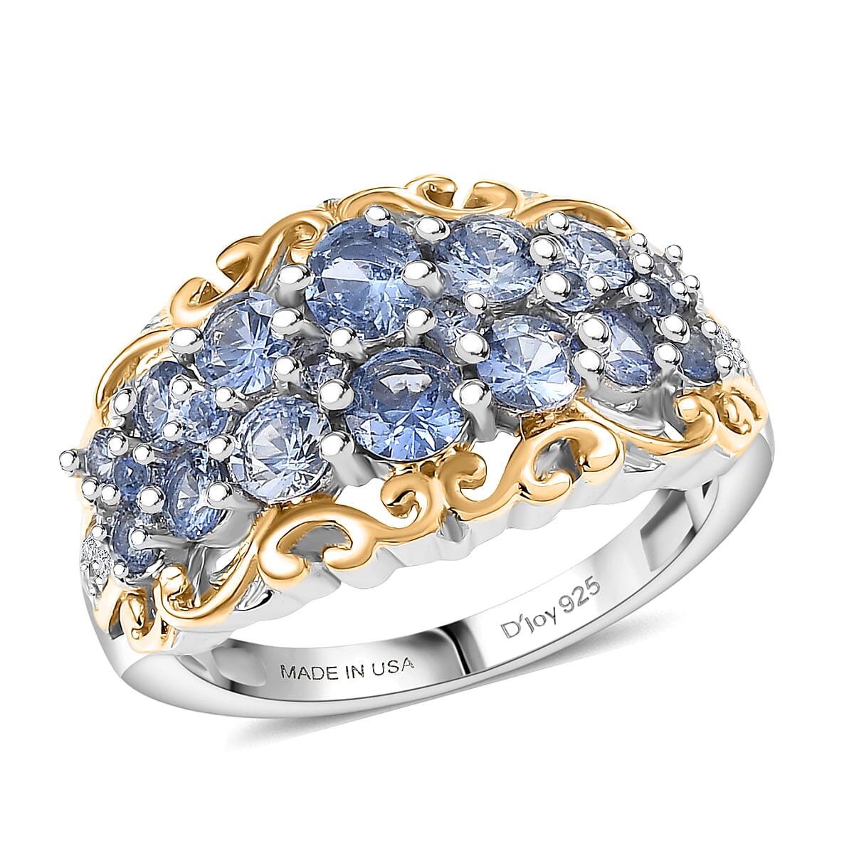 D’joy Ceylon Blue Sapphire and White Zircon 1.90 ctw Ring in 18K Vermeil YG and Rhodium Over Sterling Silver (Size 10.0) image number 0