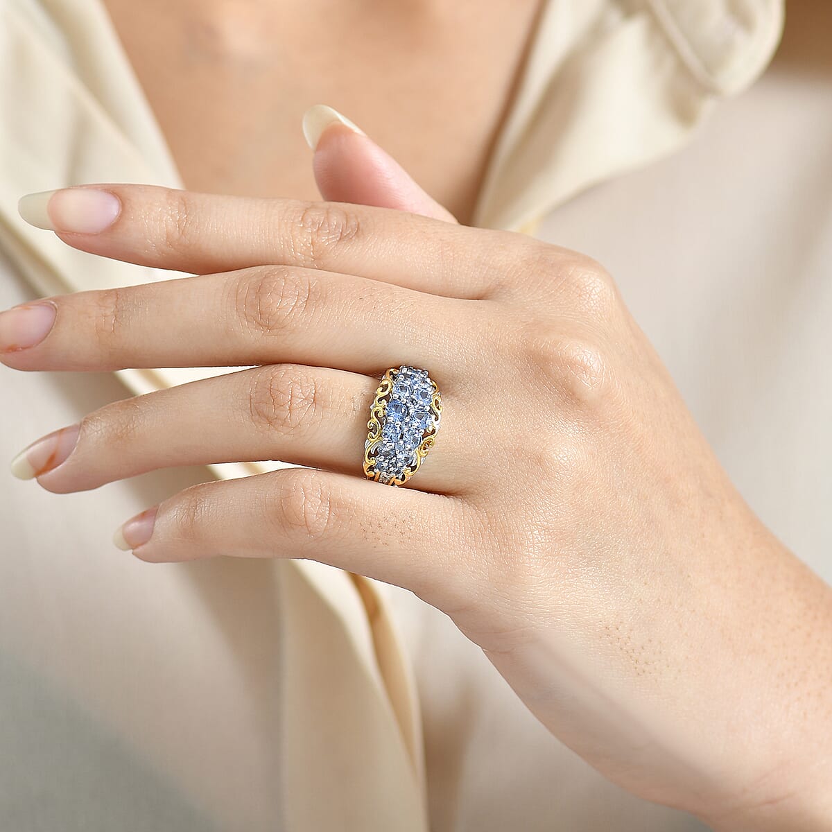 D’joy Ceylon Blue Sapphire and White Zircon 1.90 ctw Ring in 18K Vermeil YG and Rhodium Over Sterling Silver (Size 10.0) image number 2