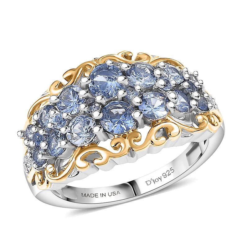 D Joy Ceylon Blue Sapphire, White Zircon Ring in 18K Vermeil YG and Rhodium Over Sterling Silver 1.90 ctw (Size 5.0)