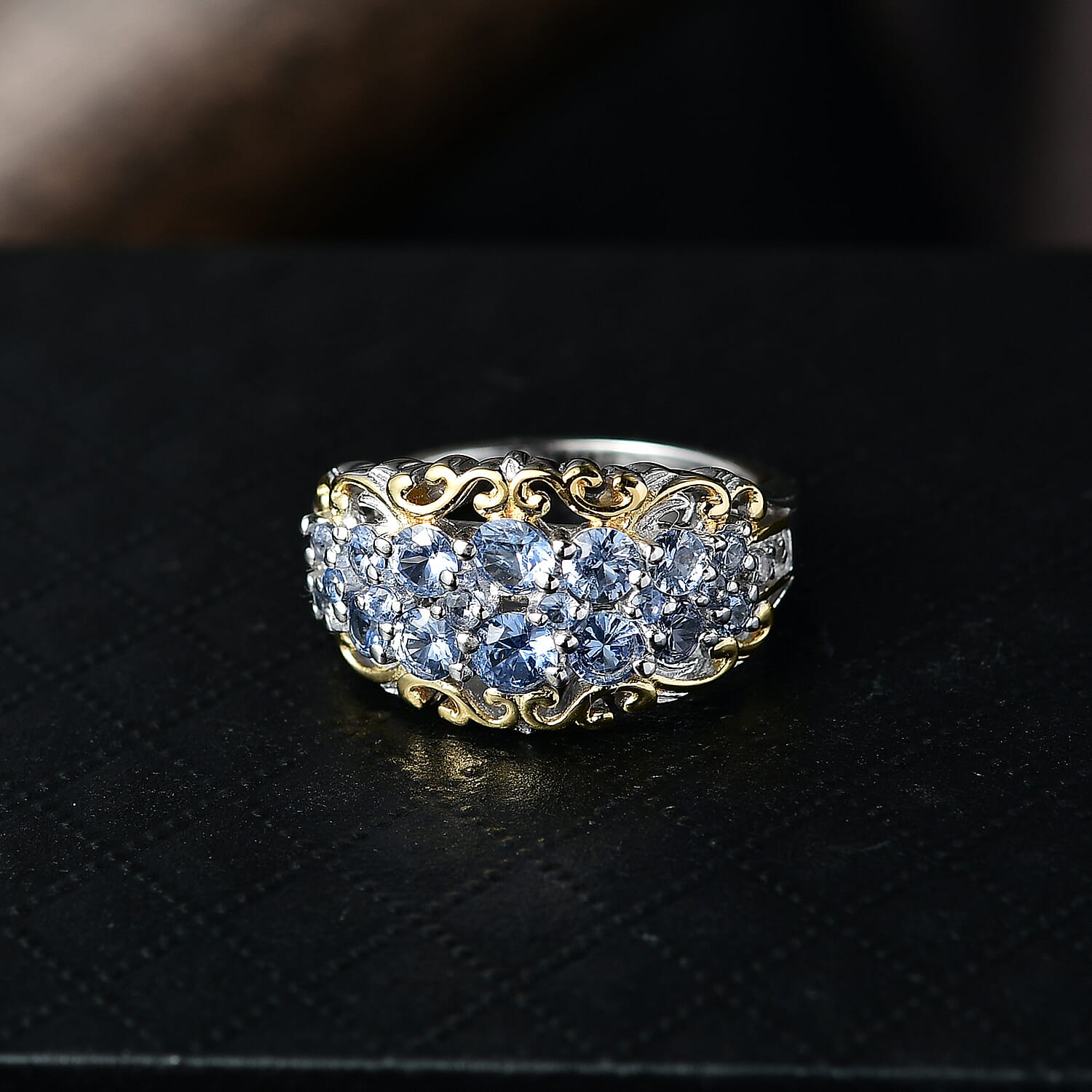D Joy Ceylon Blue Sapphire, White Zircon Ring in 18K Vermeil YG and Rhodium Over Sterling Silver 1.90 ctw (Size 5.0)