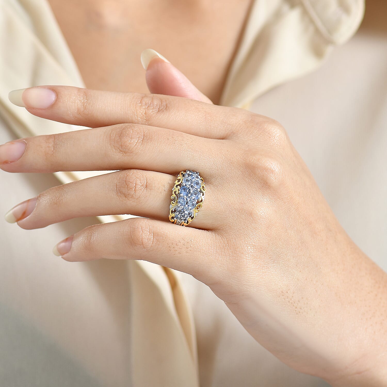 D Joy Ceylon Blue Sapphire, White Zircon Ring in 18K Vermeil YG and Rhodium Over Sterling Silver 1.90 ctw (Size 5.0)