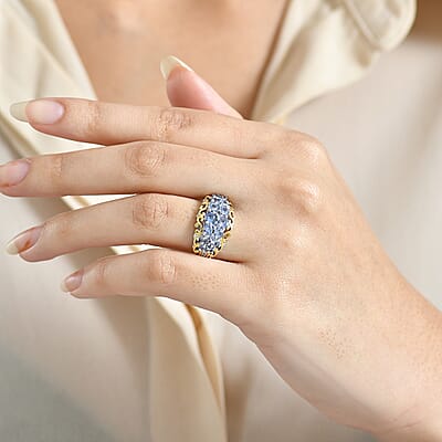 D Joy Ceylon Blue Sapphire, White Zircon Ring in 18K Vermeil YG and Rhodium Over Sterling Silver 1.90 ctw (Size 5.0)