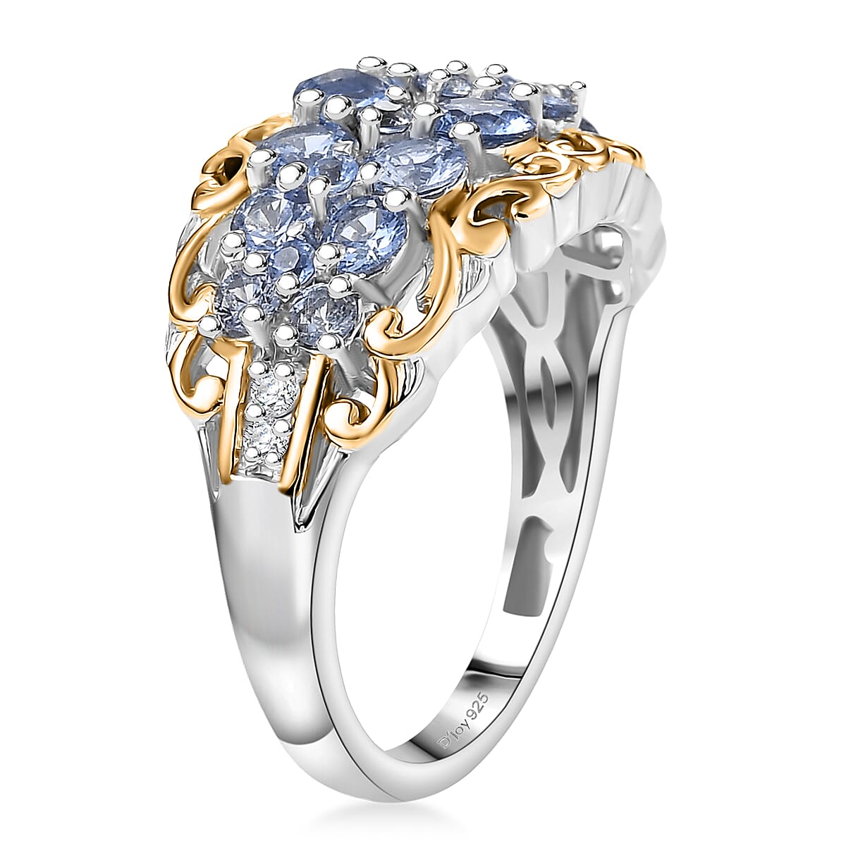 D Joy Ceylon Blue Sapphire, White Zircon Ring in 18K Vermeil YG and Rhodium Over Sterling Silver 1.90 ctw (Size 5.0)