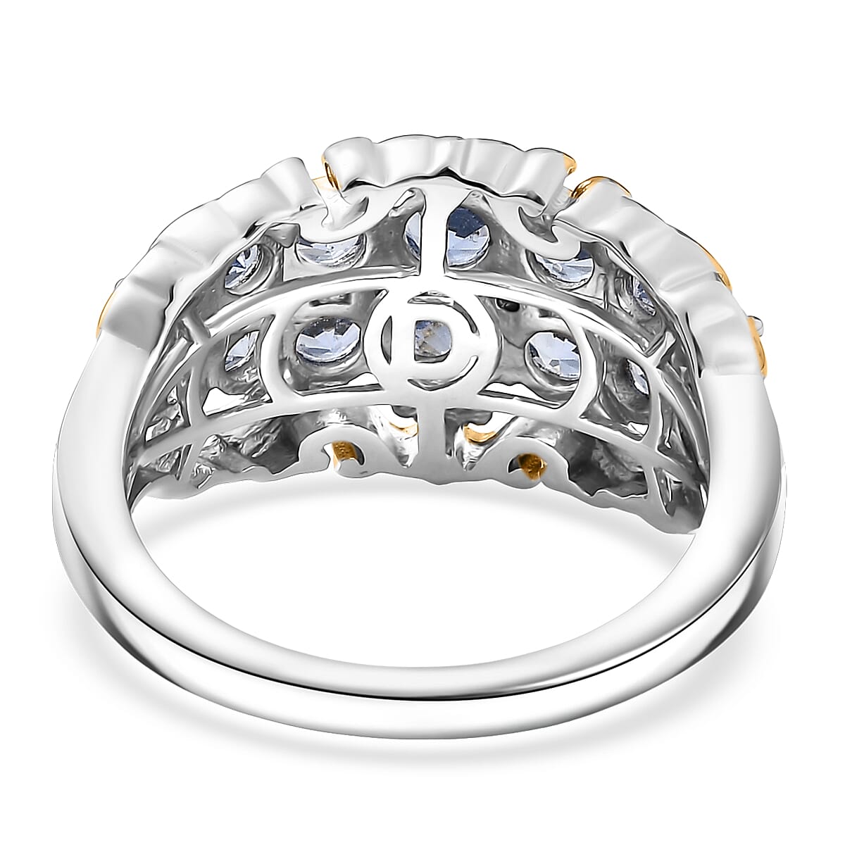 D Joy Ceylon Blue Sapphire, White Zircon Ring in 18K Vermeil YG and Rhodium Over Sterling Silver 1.90 ctw (Size 5.0)