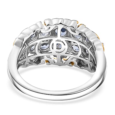 D Joy Ceylon Blue Sapphire, White Zircon Ring in 18K Vermeil YG and Rhodium Over Sterling Silver 1.90 ctw (Size 5.0)
