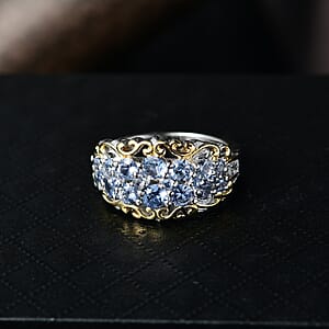 D Joy Ceylon Blue Sapphire, White Zircon Ring in 18K Vermeil YG and Rhodium Over Sterling Silver 1.90 ctw (Size 6.0)