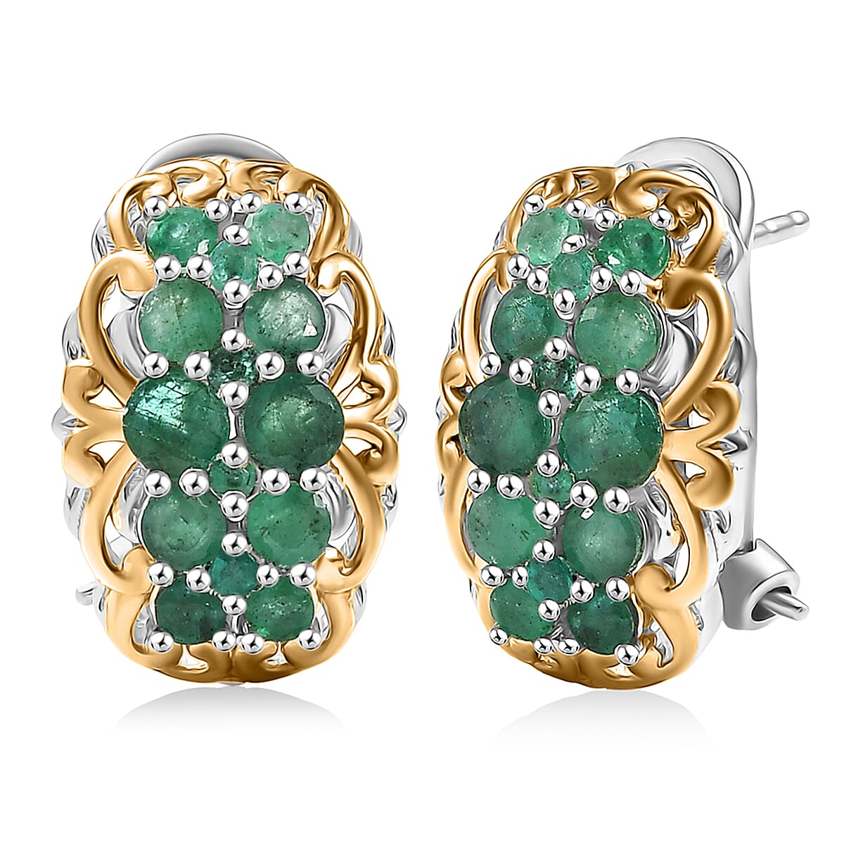 D'Joy Kagem Zambian Emerald 2.10 ctw Omega Clip Earrings in 18K Vermeil YG and Rhodium Over Sterling Silver image number 0