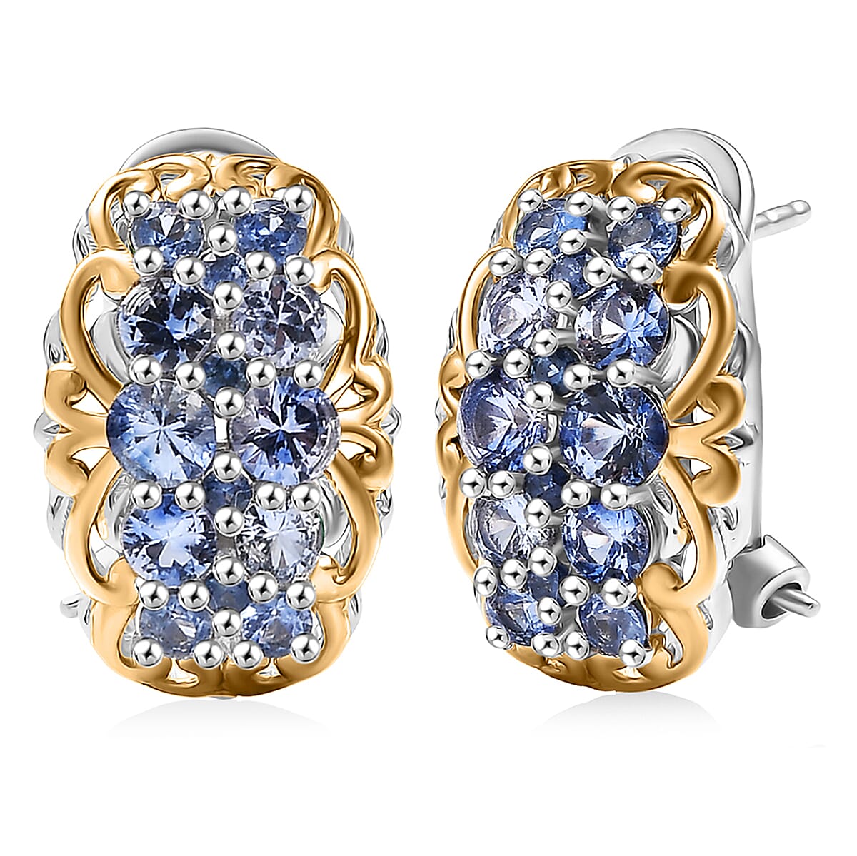 D'Joy Ceylon Blue Sapphire 2.15 ctw Omega Clip Earrings in 18K Vermeil YG and Rhodium Over Sterling Silver image number 0