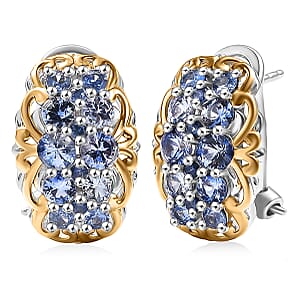 D'Joy Ceylon Blue Sapphire 2.15 ctw Omega Clip Earrings in 18K Vermeil YG and Rhodium Over Sterling Silver