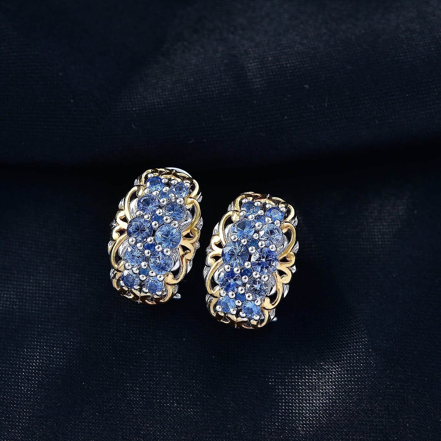 D'Joy Ceylon Blue Sapphire Earrings in 18K Vermeil YG and Rhodium Over Sterling Silver 2.15 ctw