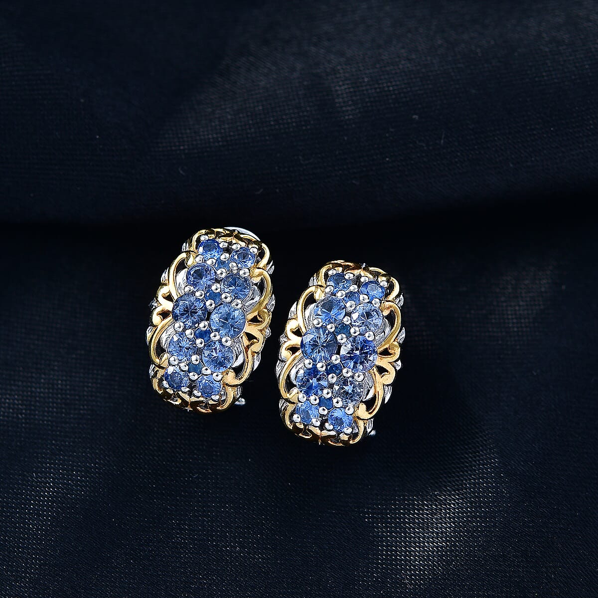 D'Joy Ceylon Blue Sapphire 2.15 ctw Omega Clip Earrings in 18K Vermeil YG and Rhodium Over Sterling Silver image number 1