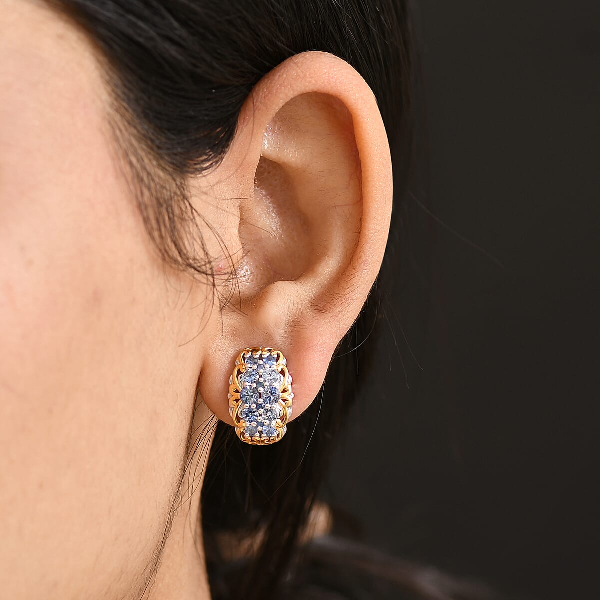 D'Joy Ceylon Blue Sapphire 2.15 ctw Omega Clip Earrings in 18K Vermeil YG and Rhodium Over Sterling Silver image number 2