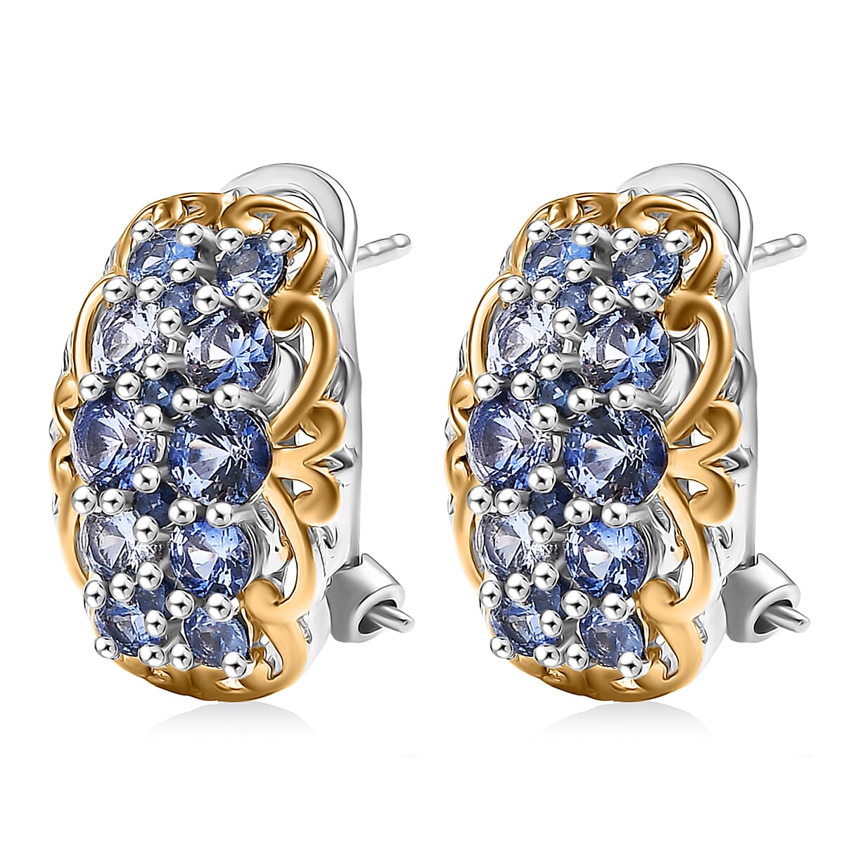 D'Joy Ceylon Blue Sapphire 2.15 ctw Omega Clip Earrings in 18K Vermeil YG and Rhodium Over Sterling Silver image number 3