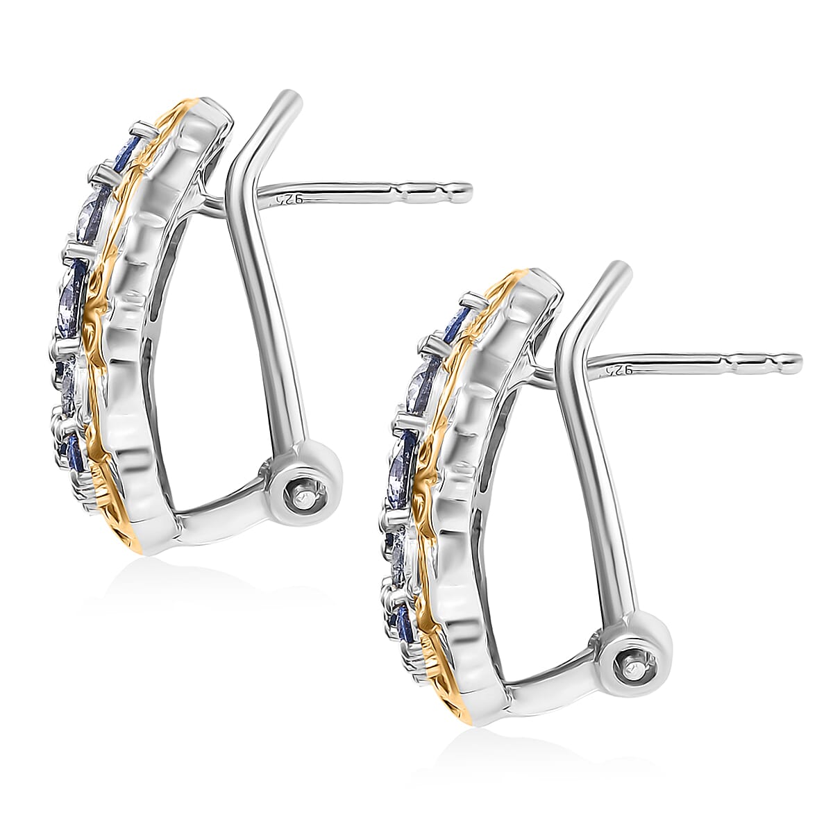 D'Joy Ceylon Blue Sapphire 2.15 ctw Omega Clip Earrings in 18K Vermeil YG and Rhodium Over Sterling Silver image number 4