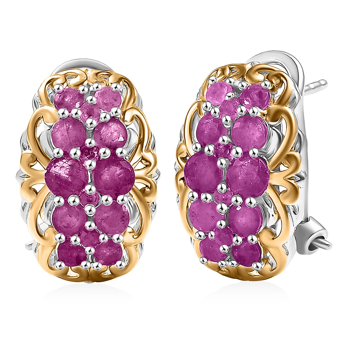 D'Joy Mozambique Ruby 2.15 ctw Omega Clip Earrings in 18K Vermeil YG and Rhodium Over Sterling Silver image number 0