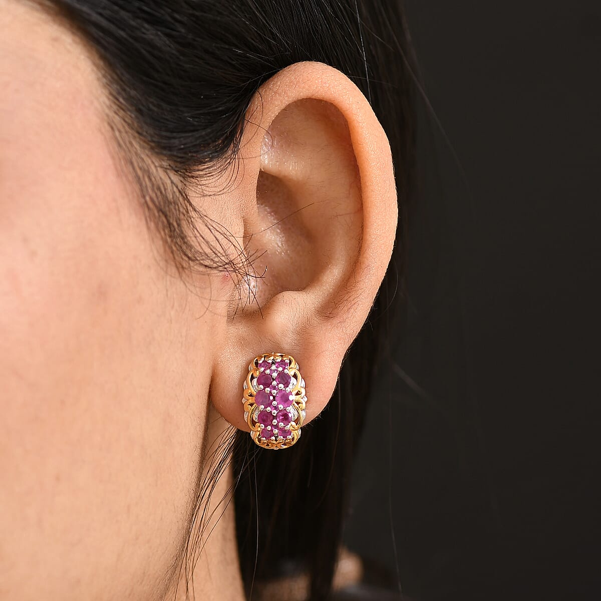 D'Joy Mozambique Ruby 2.15 ctw Omega Clip Earrings in 18K Vermeil YG and Rhodium Over Sterling Silver image number 2