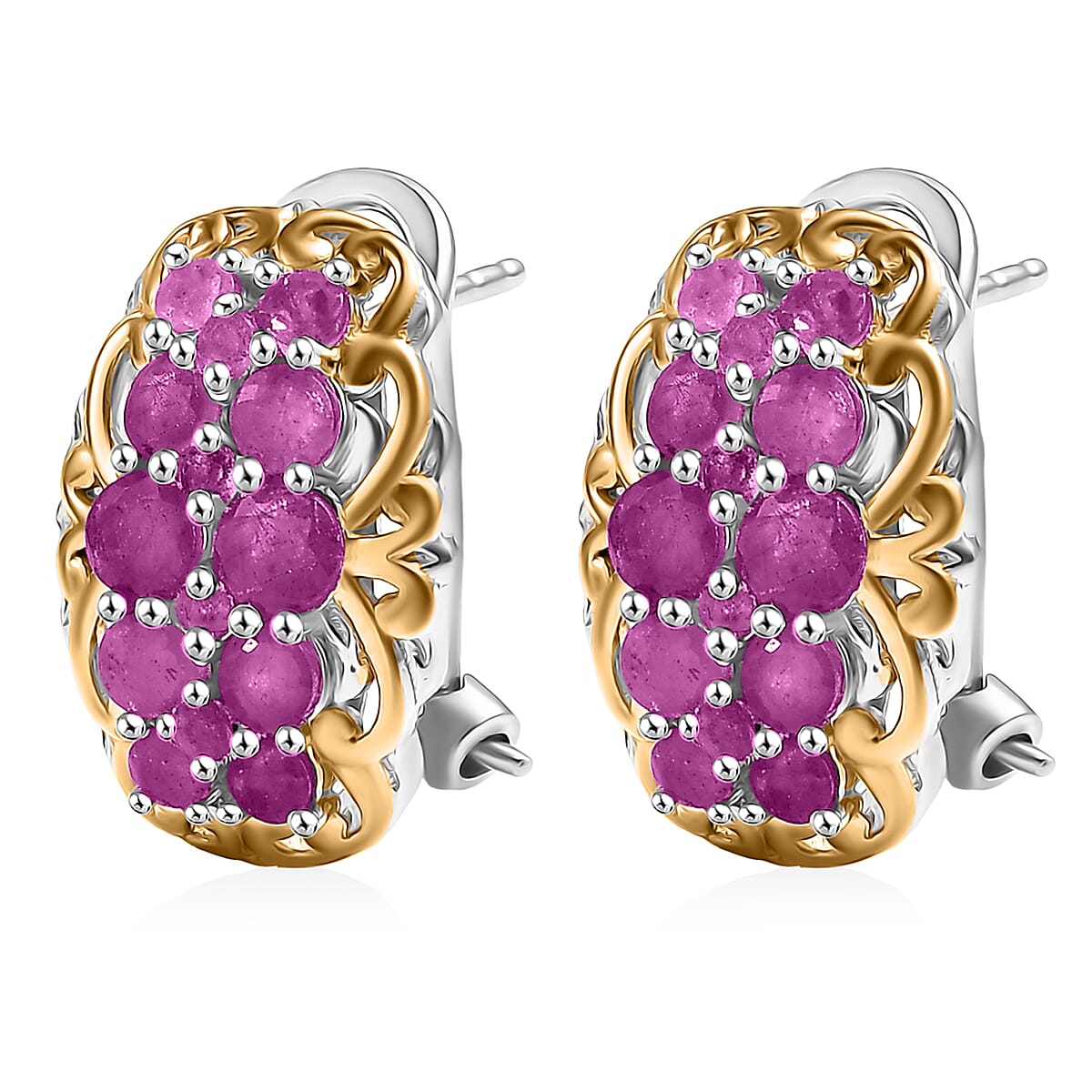 D'Joy Mozambique Ruby 2.15 ctw Omega Clip Earrings in 18K Vermeil YG and Rhodium Over Sterling Silver image number 3