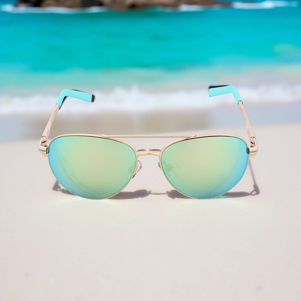 Adrienne Vittadini Aviator with Temple Detail Sunglasses -Gold/Blue image number 1