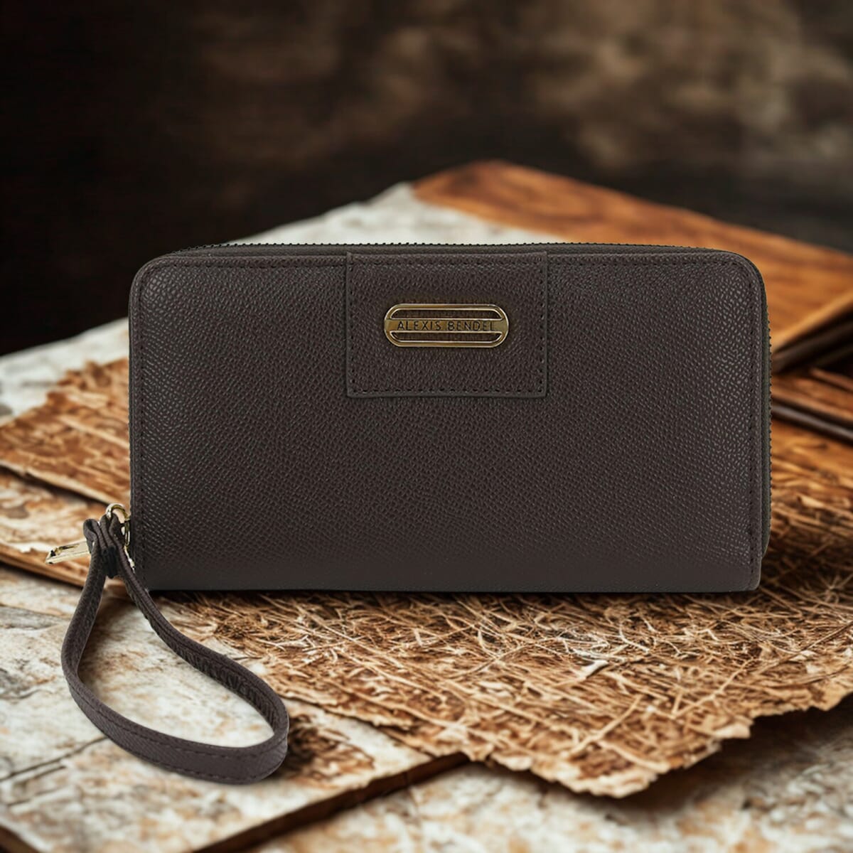 Alexis Bendel Chocolate Faux Leather Fabienne Double Zip Around Wallet image number 1