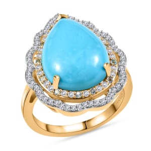D'Joy Premium Sleeping Beauty Turquoise, Paraiba Tourmaline and Diamond 7.00 ctw Water Ripples Ring in 18K Vermeil Yellow Gold Over Sterling Silver (Size 10.0)