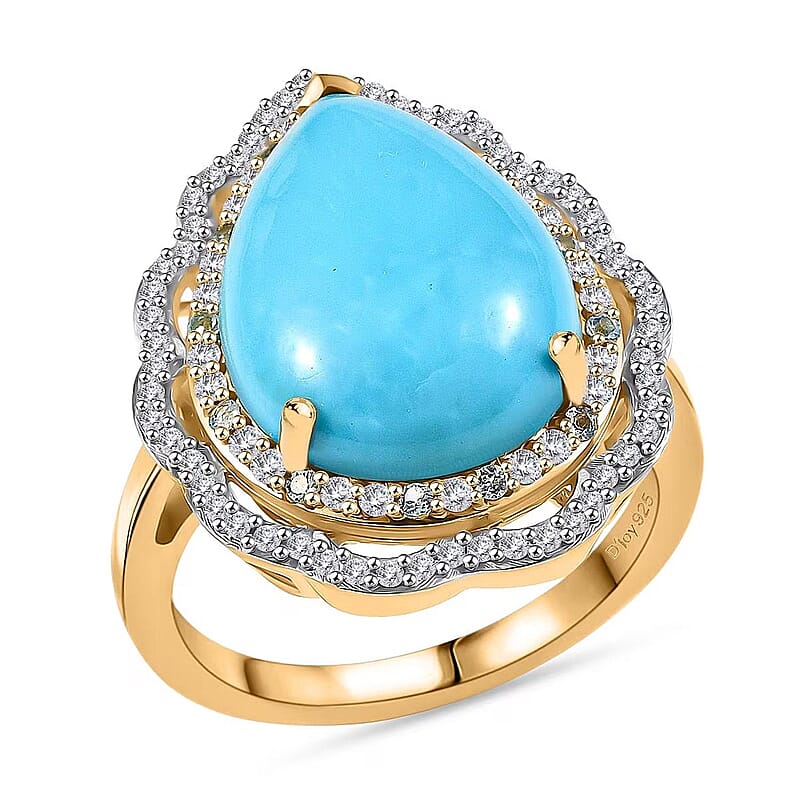 D'Joy Sleeping Beauty Turquoise, Paraiba Tourmaline and Diamond Water Ripples Ring in 18K Vermeil YG Over Sterling Silver 7.00 ctw (Size 10.0)