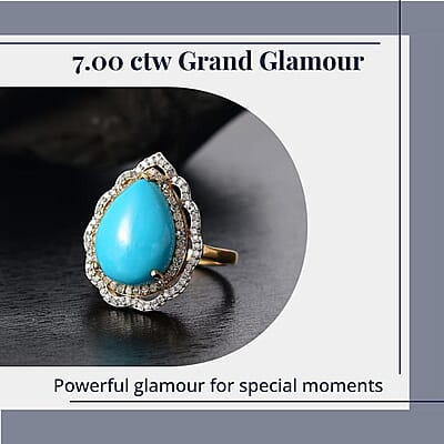 D'Joy Sleeping Beauty Turquoise, Paraiba Tourmaline and Diamond Water Ripples Ring in 18K Vermeil YG Over Sterling Silver 7.00 ctw (Size 10.0)