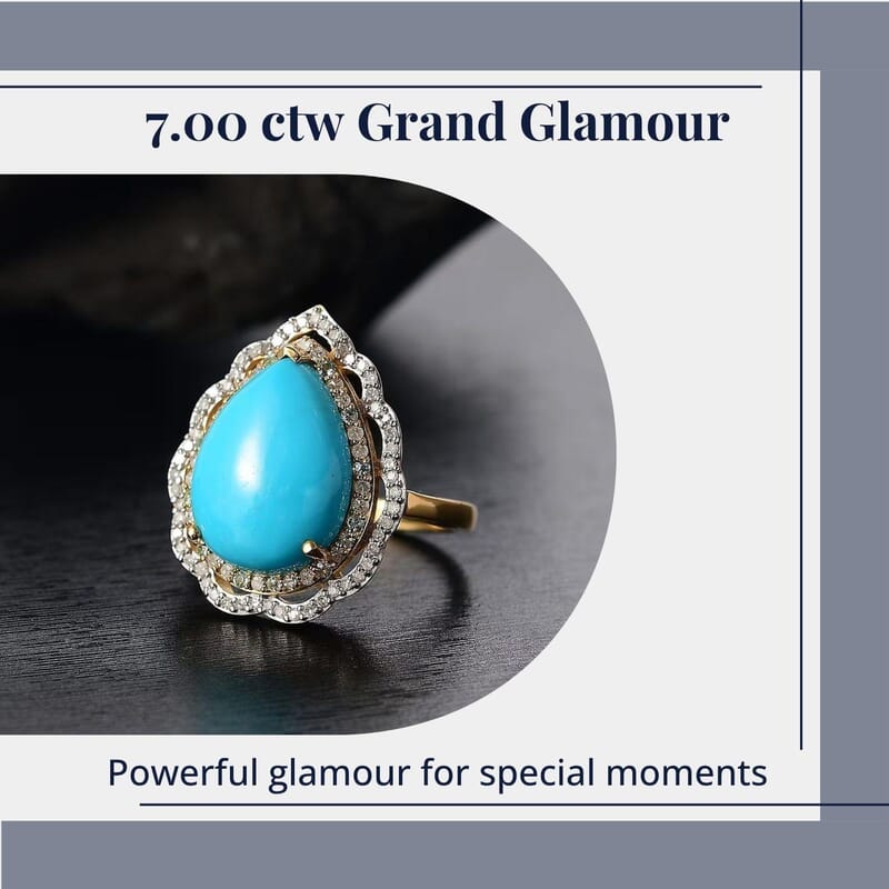 D'Joy Sleeping Beauty Turquoise, Paraiba Tourmaline and Diamond Water Ripples Ring in 18K Vermeil YG Over Sterling Silver 7.00 ctw (Size 10.0)