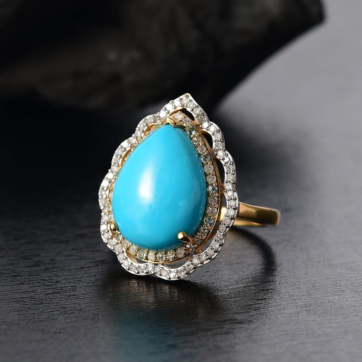 D’Joy Premium Sleeping Beauty Turquoise, Paraiba Tourmaline and Diamond 7.00 ctw Water Ripples Ring in 18K Vermeil Yellow Gold Over Sterling Silver (Size 7.0) image number 1