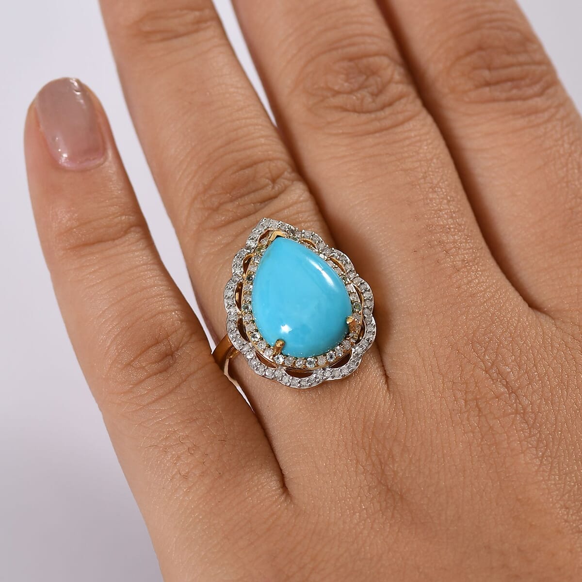 D’Joy Premium Sleeping Beauty Turquoise, Paraiba Tourmaline and Diamond 7.00 ctw Water Ripples Ring in 18K Vermeil Yellow Gold Over Sterling Silver (Size 7.0) image number 2