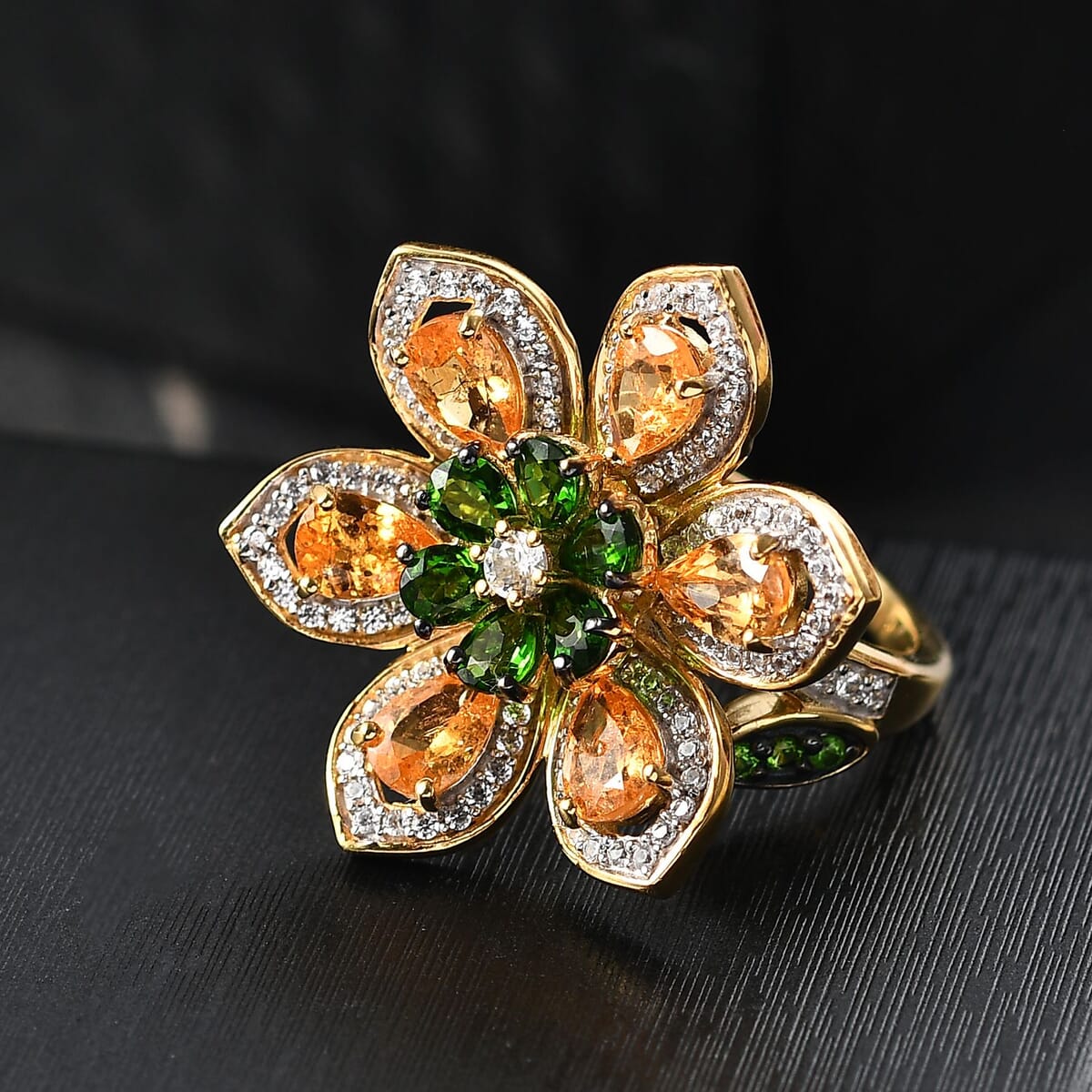 D'Joy Tanzanian Mandarin Garnet and Multi Gemstone 5.10 ctw Inferno Garden Ring in 18K Vermeil Yellow Gold Over Sterling Silver (Size 10.0) image number 1