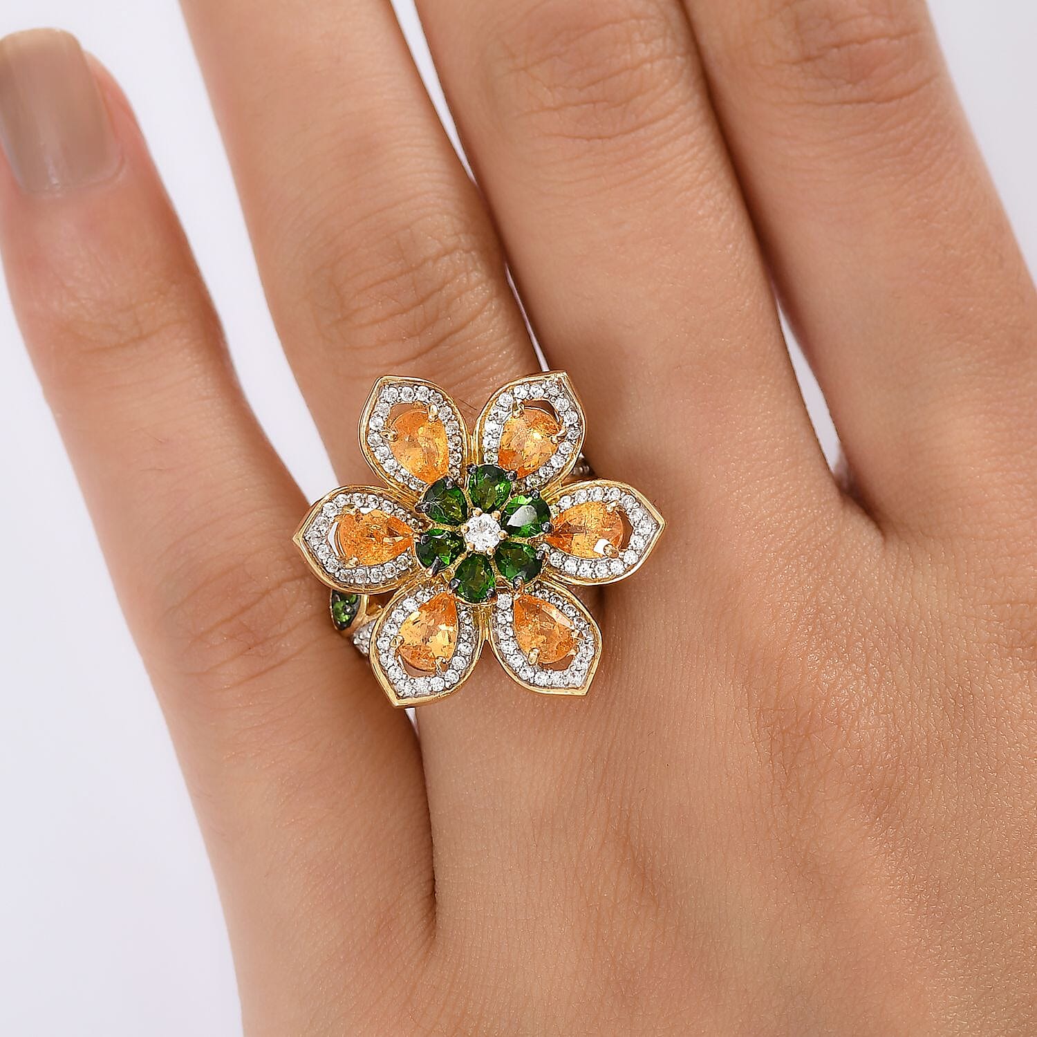 D'Joy Tanzanian Mandarin Garnet and Multi Gemstone 5.10 ctw Inferno Garden Ring in 18K Vermeil Yellow Gold Over Sterling Silver (Size 10.0)