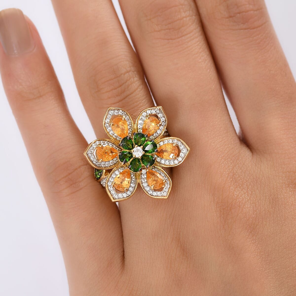 D'Joy Tanzanian Mandarin Garnet and Multi Gemstone 5.10 ctw Inferno Garden Ring in 18K Vermeil Yellow Gold Over Sterling Silver (Size 10.0) image number 2