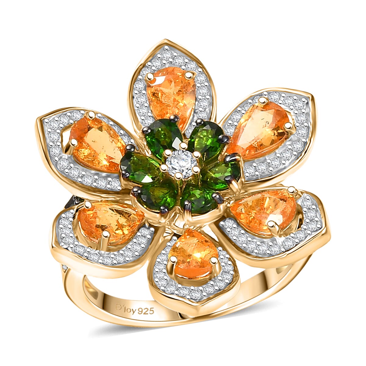 D'Joy Tanzanian Mandarin Garnet and Multi Gemstone 5.10 ctw Inferno Garden Ring in 18K Vermeil Yellow Gold Over Sterling Silver (Size 7.0) image number 0