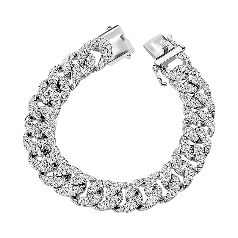 Moissanite 9.10 ctw Curb Chain Mens Bracelet in Rhodium Over Sterling Silver (6.50 In)