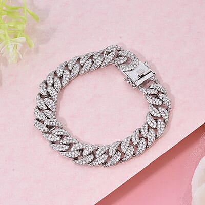 Moissanite 9.10 ctw Curb Chain Mens Bracelet in Rhodium Over Sterling Silver (6.50 In)