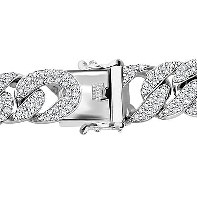 Moissanite 9.10 ctw Curb Chain Mens Bracelet in Rhodium Over Sterling Silver (6.50 In)