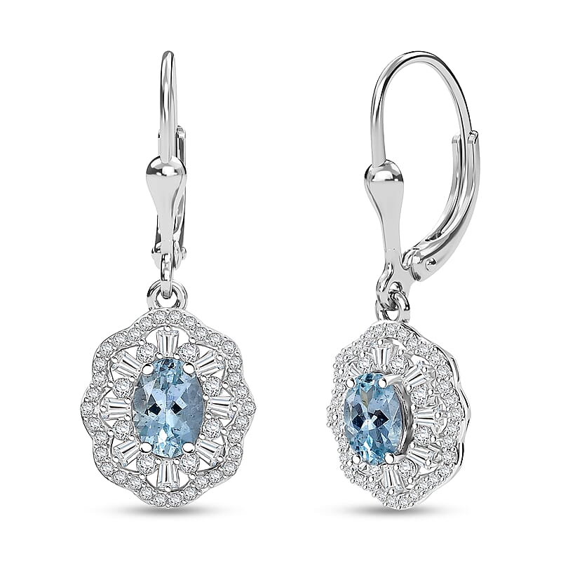 D'Joy Premium Mangoro Aquamarine and Moissanite 2.40 ctw Blooming Floral Earrings in Rhodium Over Sterling Silver