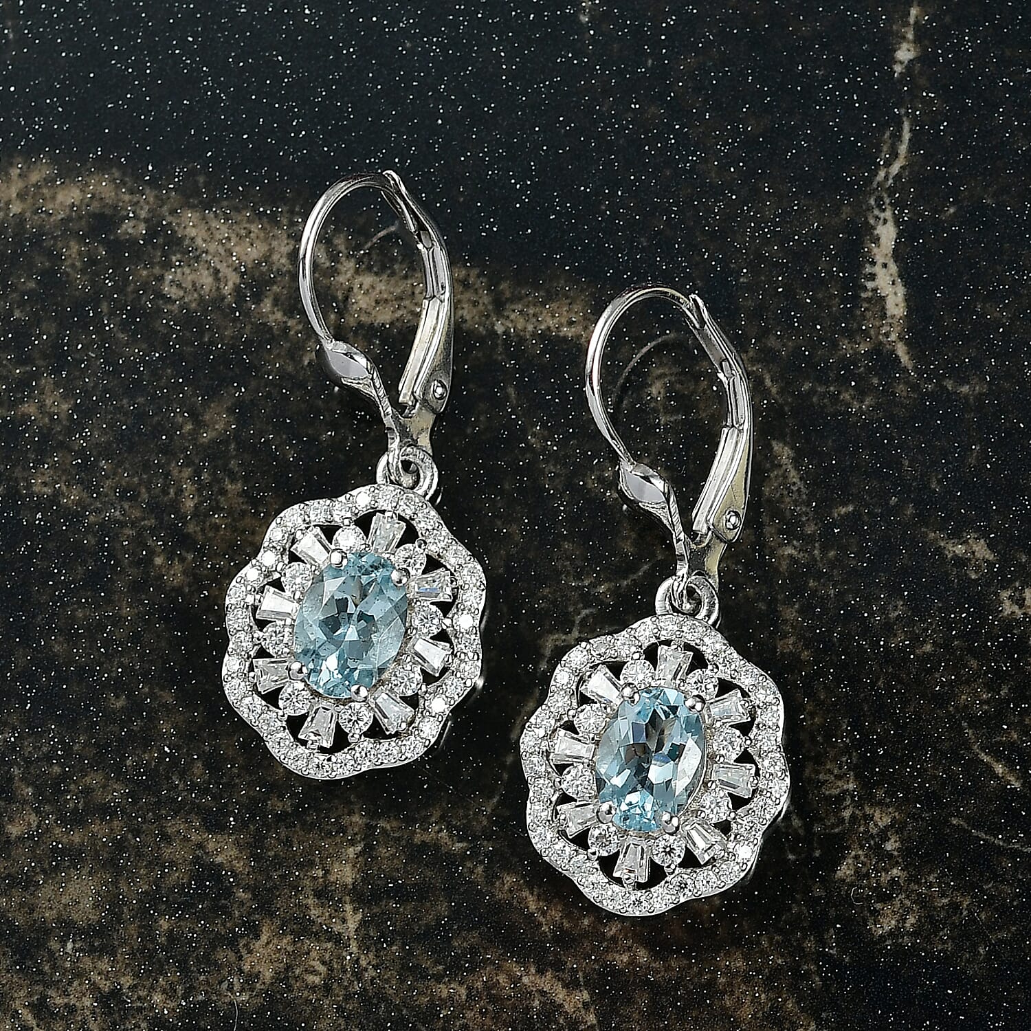 D'Joy Premium Mangoro Aquamarine and Moissanite 2.40 ctw Blooming Floral Earrings in Rhodium Over Sterling Silver