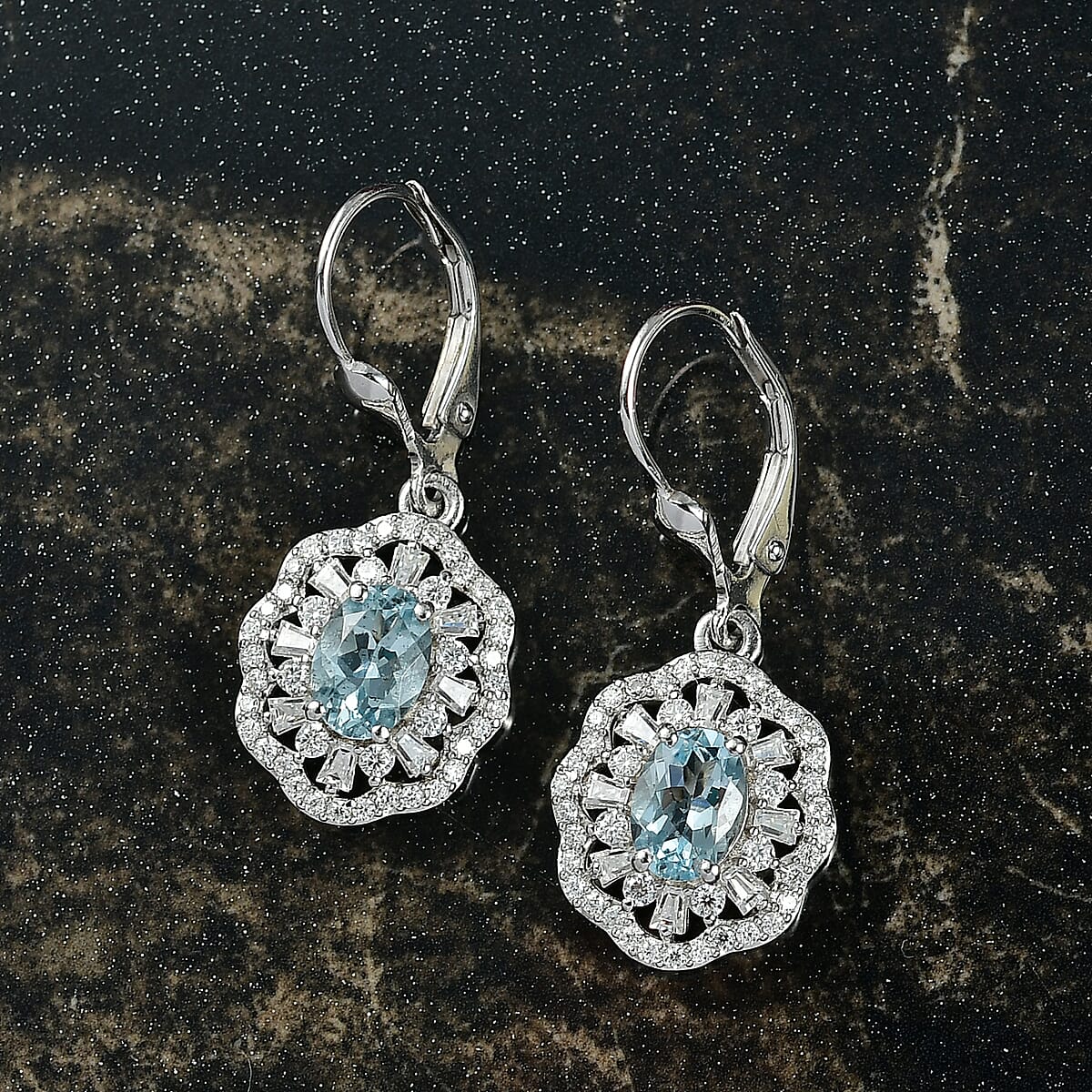 D'Joy Premium Mangoro Aquamarine and Moissanite 2.40 ctw Earrings in Rhodium Over Sterling Silver image number 1