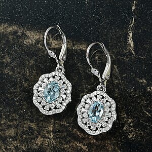 D'Joy Premium Mangoro Aquamarine and Moissanite 2.40 ctw Blooming Floral Earrings in Rhodium Over Sterling Silver