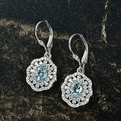 D'Joy Premium Mangoro Aquamarine and Moissanite 2.40 ctw Blooming Floral Earrings in Rhodium Over Sterling Silver