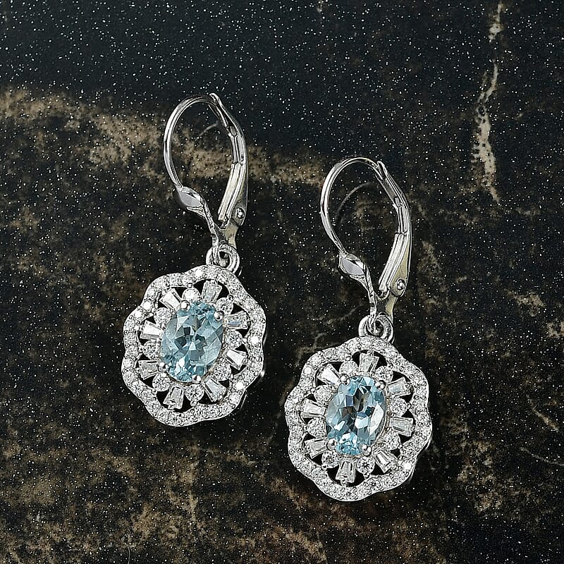D'Joy Premium Mangoro Aquamarine and Moissanite 2.40 ctw Blooming Floral Earrings in Rhodium Over Sterling Silver