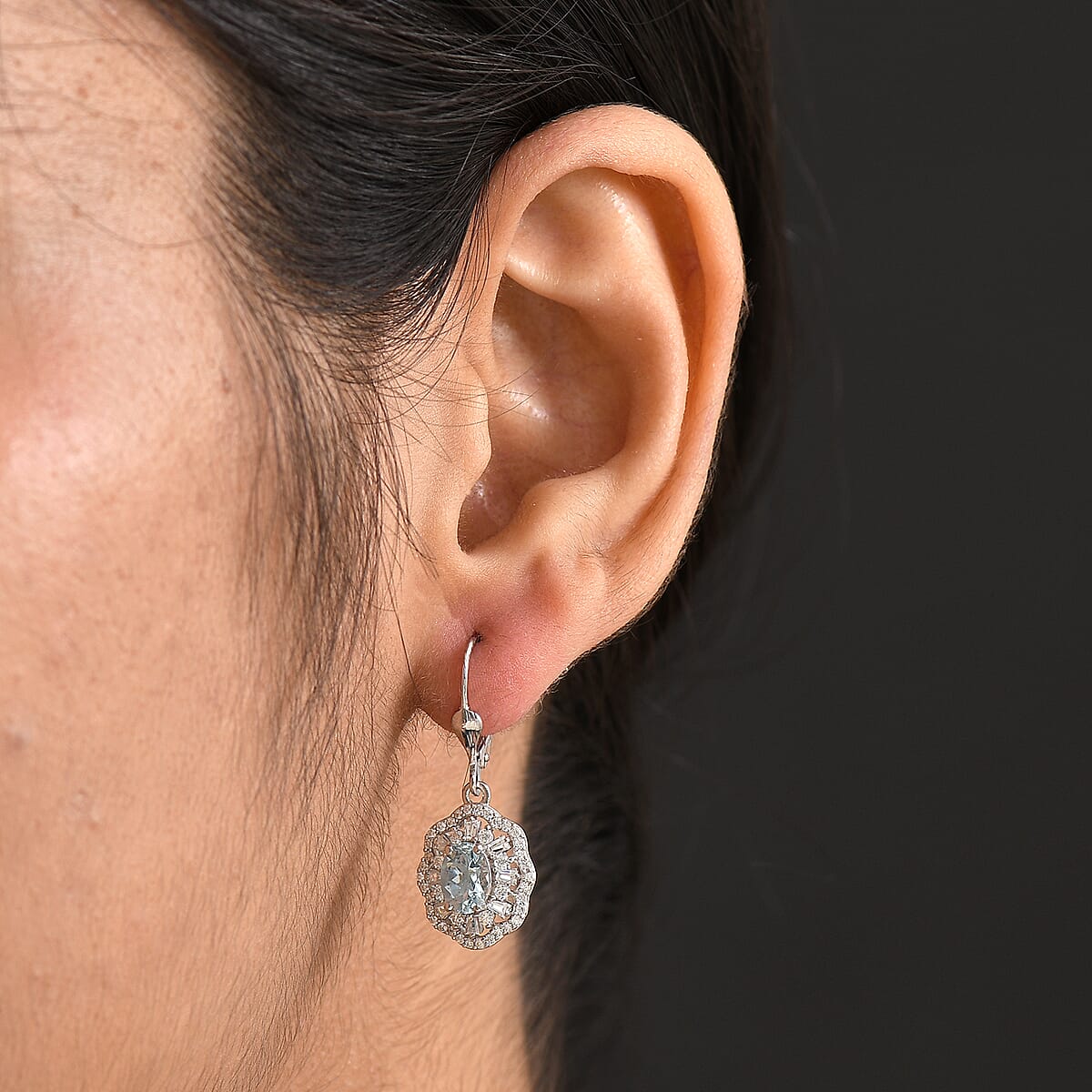 D'Joy Premium Mangoro Aquamarine and Moissanite 2.40 ctw Earrings in Rhodium Over Sterling Silver image number 2