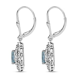 D'Joy Premium Mangoro Aquamarine and Moissanite 2.40 ctw Blooming Floral Earrings in Rhodium Over Sterling Silver