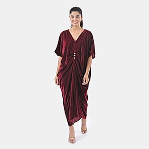 TAMSY Merlot Stretch Velvet Drape Kaftan Dress with Front Button Detail- One Size Fits Most