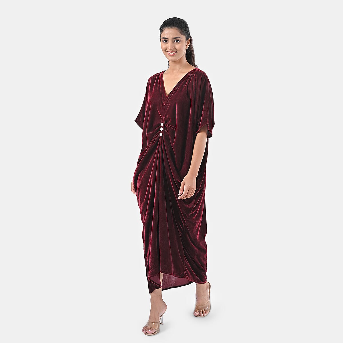 TAMSY Merlot Stretch Velvet Drape Kaftan Dress with Front Button Detail- One Size Fits Most image number 1