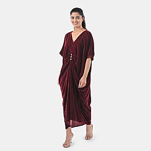 TAMSY Merlot Stretch Velvet Drape Kaftan Dress with Front Button Detail- One Size Fits Most