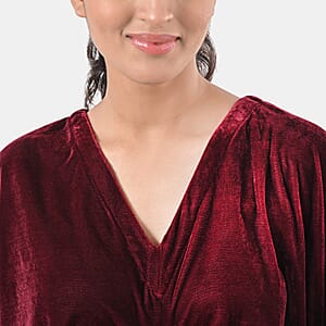 TAMSY Merlot Stretch Velvet Drape Kaftan Dress with Front Button Detail- One Size Fits Most