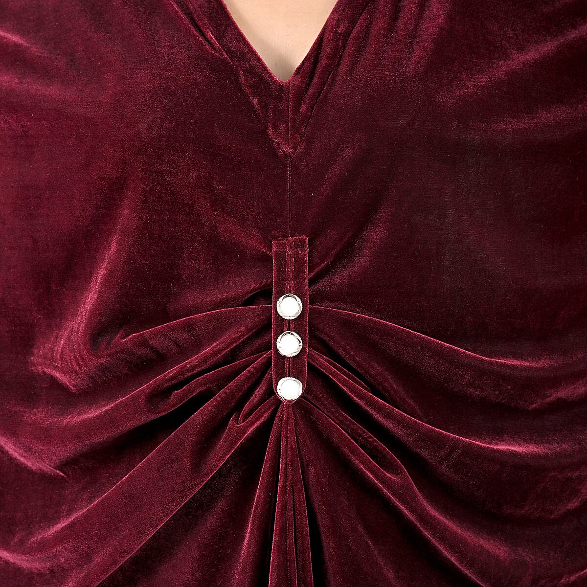 TAMSY Merlot Stretch Velvet Drape Kaftan Dress with Front Button Detail- One Size Fits Most image number 3
