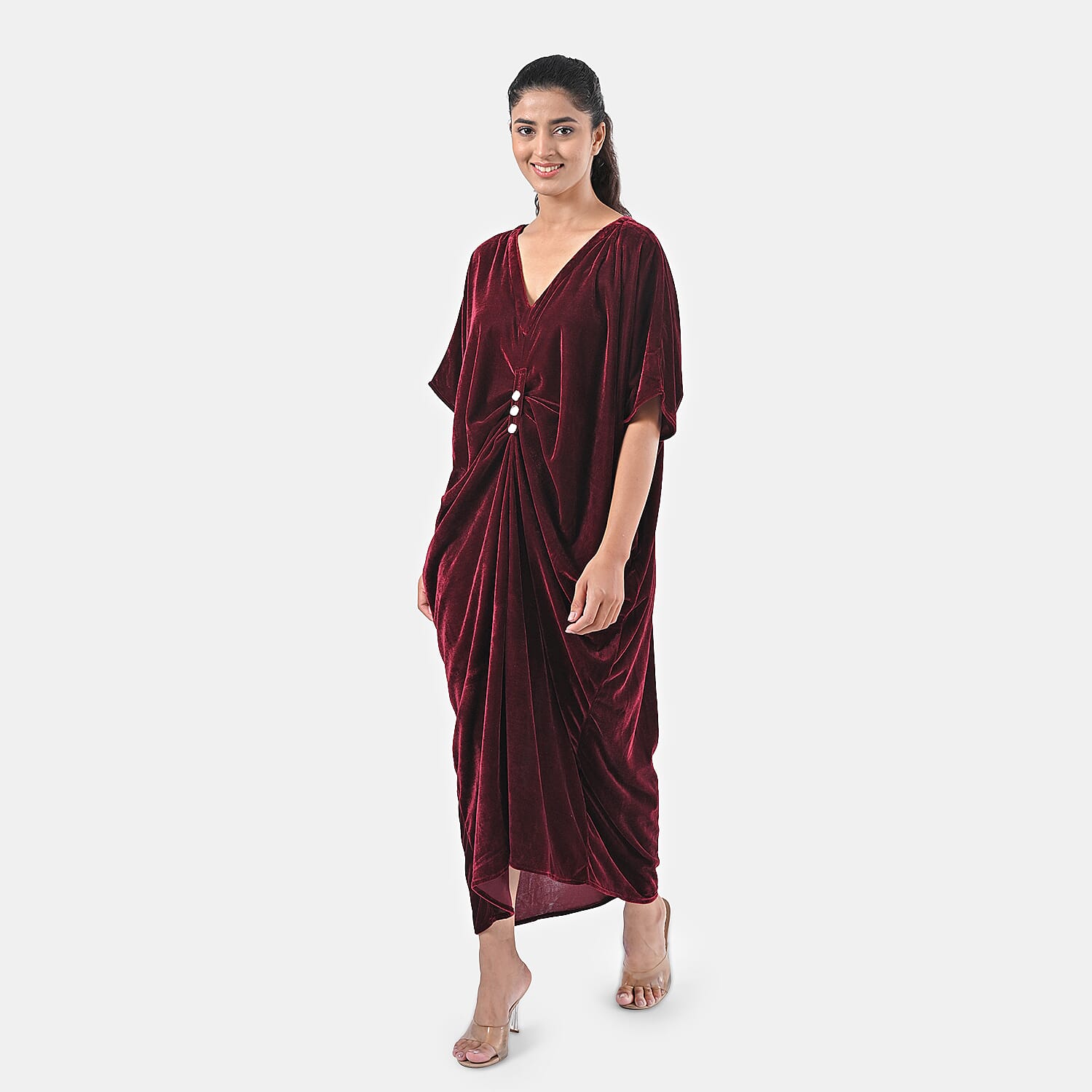 TAMSY Merlot Stretch Velvet Drape Kaftan Dress with Front Button Detail- One Size Fits Most